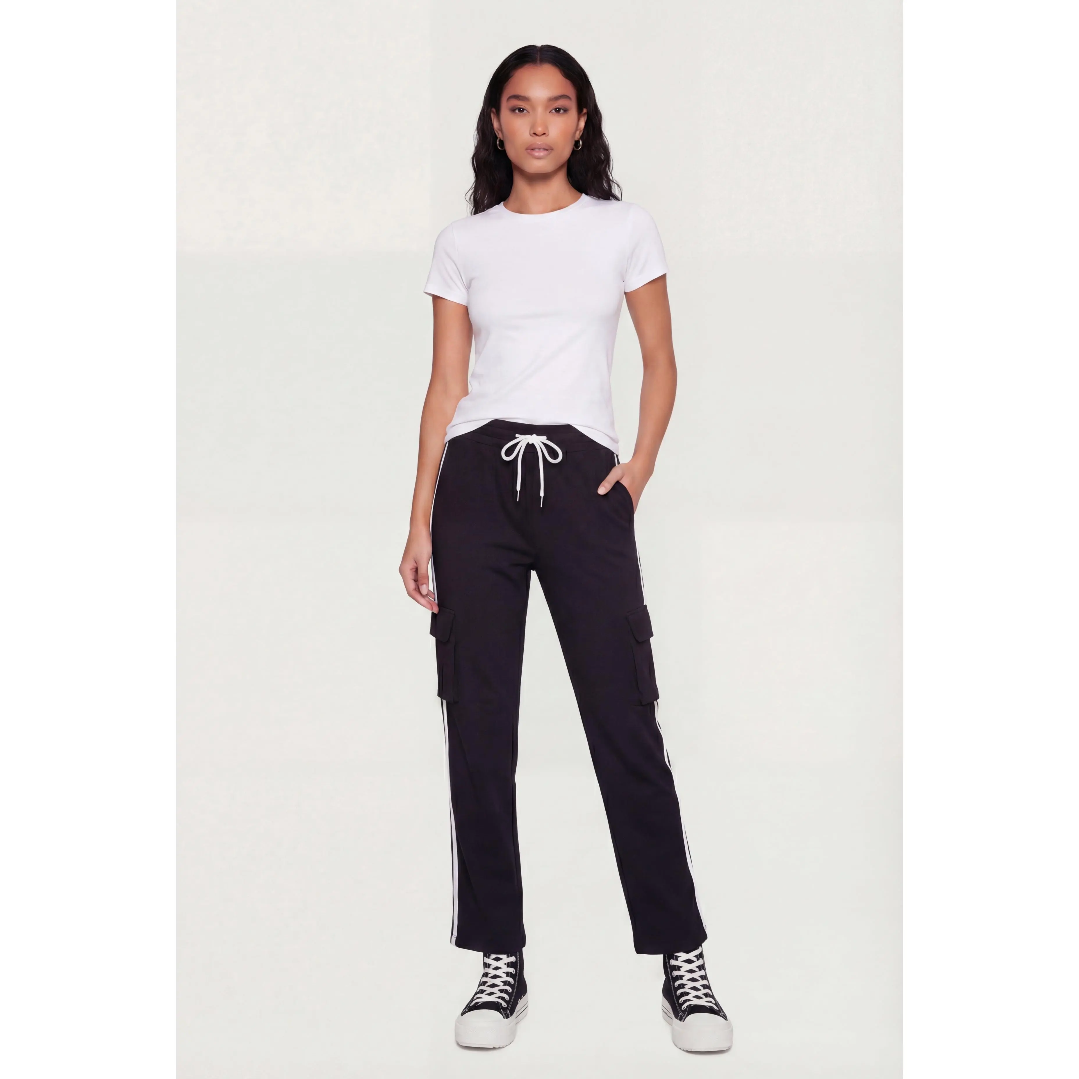 Varsity Stripe Side Drawstring Waist Cargo Track Pants