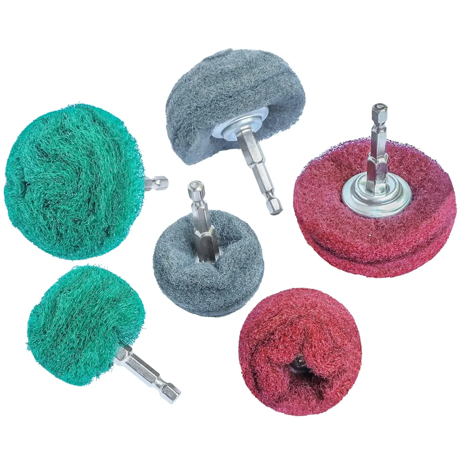 6 count Non Woven Abrasive Buffing Polishing Wheel Drill Attachment Set,Scouring Pads Power Scrubber Cleaning Kit, Power-Operated Abrasive Wheels( Green red Gray 1/4" Shank