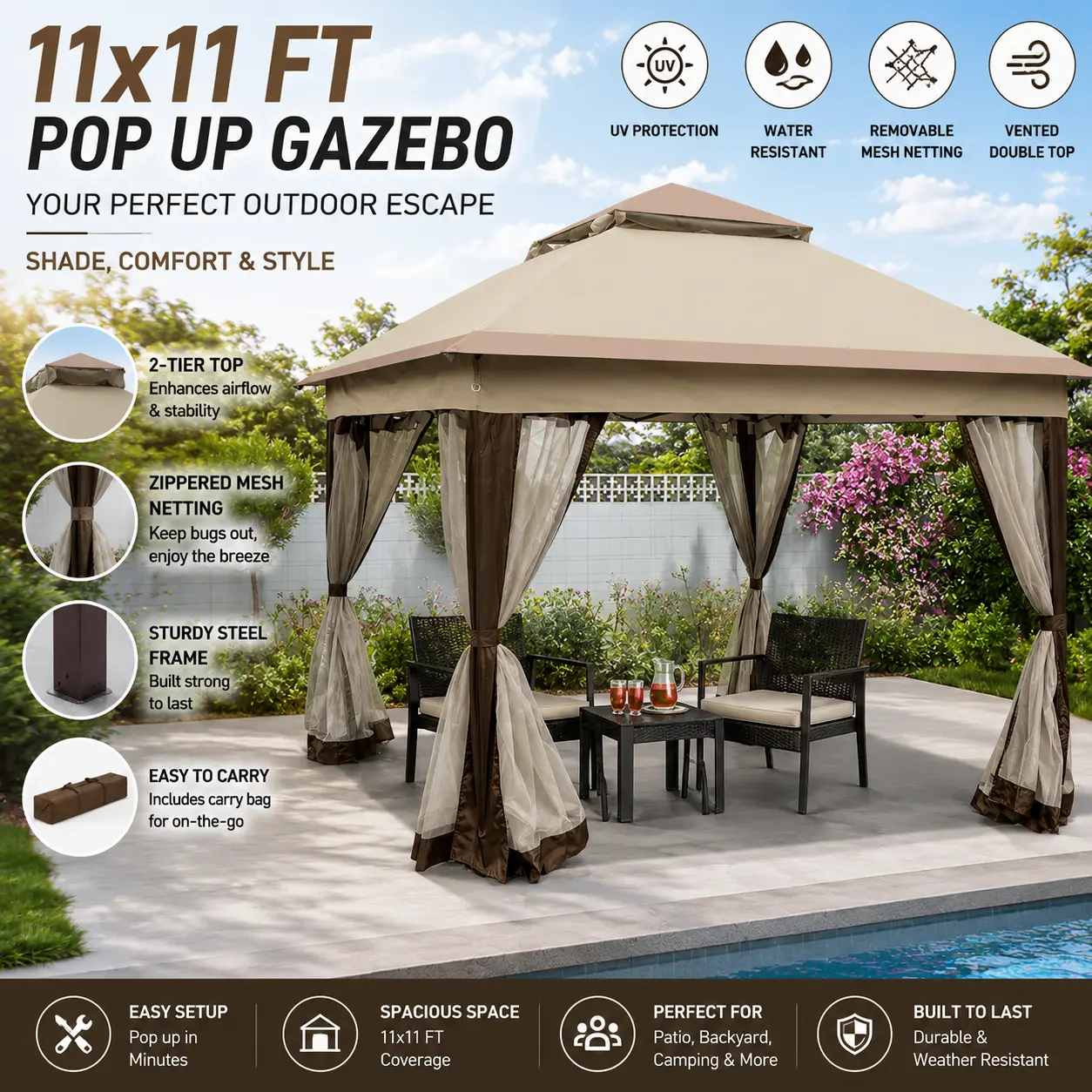 Elon 11x11 Pop Up Gazebo Canopy Tent for Outdoor Patio Backyard Easy Setup Removable Zipper Mosquito Netting 2 Tier Vented Soft Top Coffee Brown Event Shelter Sun Shade Garden Camping Summer Party Backyard Makeover