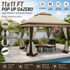 Elon 11x11 Pop Up Gazebo Canopy Tent for Outdoor Patio Backyard Easy Setup Removable Zipper Mosquito Netting 2 Tier Vented Soft Top Coffee Brown Event Shelter Sun Shade Garden Camping Summer Party Backyard Makeover