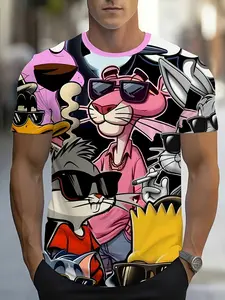 Men's Short Sleeve T-Shirt, Cartoon Character All-Over Print, Christmas Gift, Breathable Summer Casual Round Neck T-Shirt, Machine Washable, Regular Fit, Heavyweight T-Shirt, Fun Print Top, Comfortable Fit, Vacation Wear, Sports, Streetwear