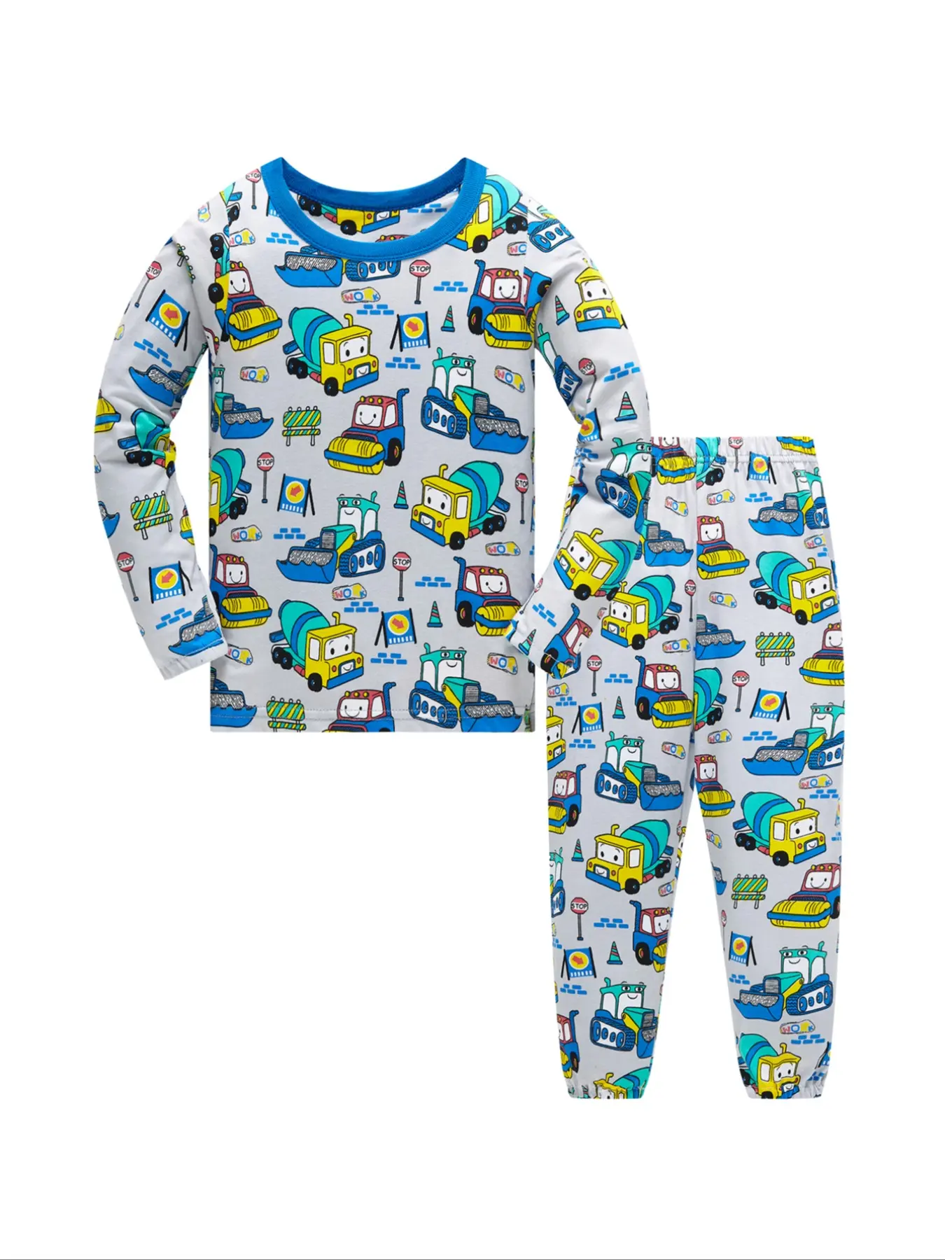 Boys' Excavator Mixer Truck Pattern Pajamas, Long Sleeve & Pants Two-Piece Set, Soft Skin-Friendly Sleepwear for All Seasons