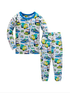 Boys' Excavator Mixer Truck Pattern Pajamas, Cartoon Print Pajama, Long Sleeve & Pants Two-Piece Set, Soft Skin-Friendly Sleepwear for All Seasons