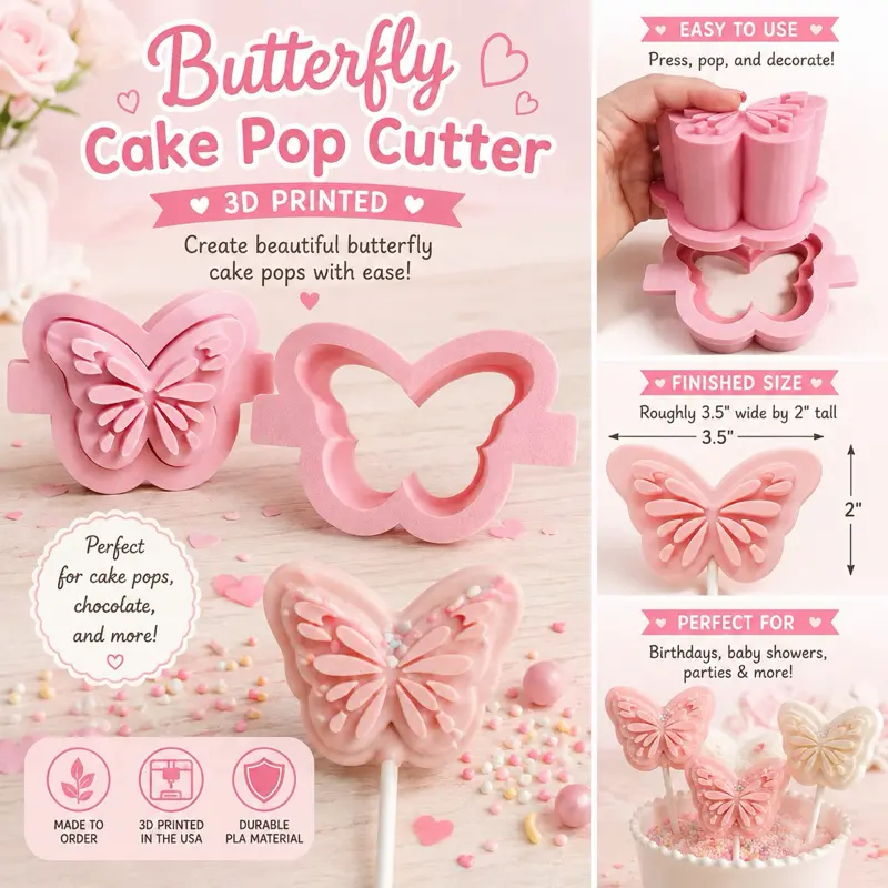 3D Printed XL-Butterfly Cake Pop Cutter - Perfect for Cake Pops, Chocolate, and More - 3.5" Wide by 2" Tall - Ideal for Birthdays, Baby Showers, Parties
