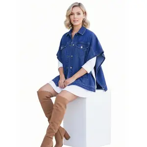Women's Denim Cape Jacket Button Front Jean Poncho Coat with Pockets Casual Outerwear