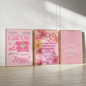 Modern Christian Wall Art Set of 3 - Call on Jesus Print Pink Wall Decor for Apartment Wall Art for Dorm Printable Bible Verse Print  Poster, Unframed, 5 Sizes (8x12–27x40 inch)