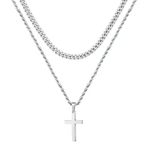 Ursteel Layered Cross Necklace for Men - 18K Gold Silver Black Stainless Steel Mens Cross Necklaces Cross Chain, Layered Rope Chain Cross Necklace for Men 16 18 20 22 24 Inch Necklace 22inch/24inch