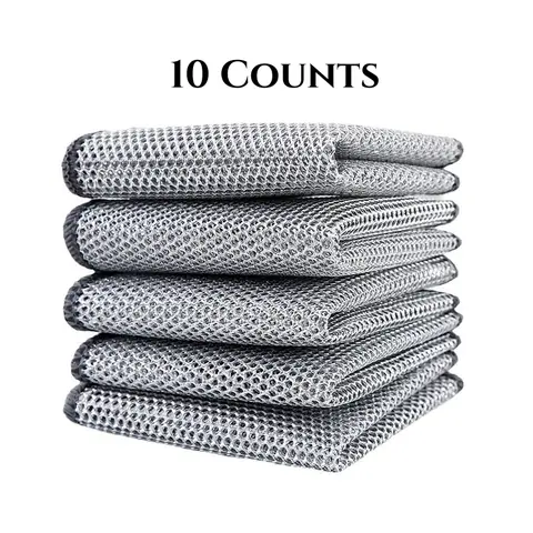 10 Count Multipurpose Non-Scratch Wire Dishcloths for Kitchen, Wet & Dry Use. Reusable Silver Mesh Cleaning Rags for Sinks, Pots, & Pans. Diamond Grid design tackles tough grease & burnt stains.