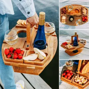 Clearance!Loyerfyivos Wooden Picnic Table, Fruit Plate All-In-One Wine Tray, Portable Wine Table with Collapsible Picnic Snack Tray for Beach Camping, Rving and Outdoor Concerts