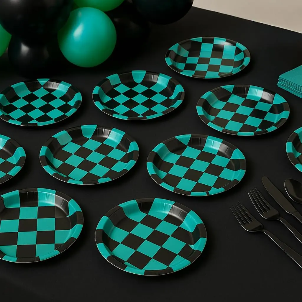 150 Pcs Black and Green Checkered Plates and Napkins for 50 Guests - Disposable Tableware Supplies for Demon Anime Themed Party - Party On Tap