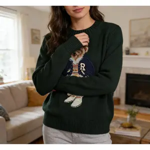 Women's hand-embroidered sweater for spring and autumn, decorated with a cute cartoon bear pattern. Made of 90% wool and 10% cashmere, it features a laid-back and lazy style,  An ideal choice for commuting.