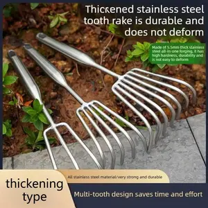 Stainless steel one-piece steel handle rake for gardening, loosening soil, seafood, landscaping, clams, and outdoor beachcombing.