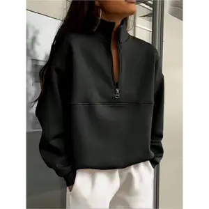 Plus Size - Plus Size Women'S Oversized Half-Zip Hoodie - Solid Stand Collar Long Sleeve Pullover Sweatshirt, Machine Washable Winter Warmth, Casual swear with Zippered Pocket & Smooth Texture, Cozy Fall Winter Layering Top