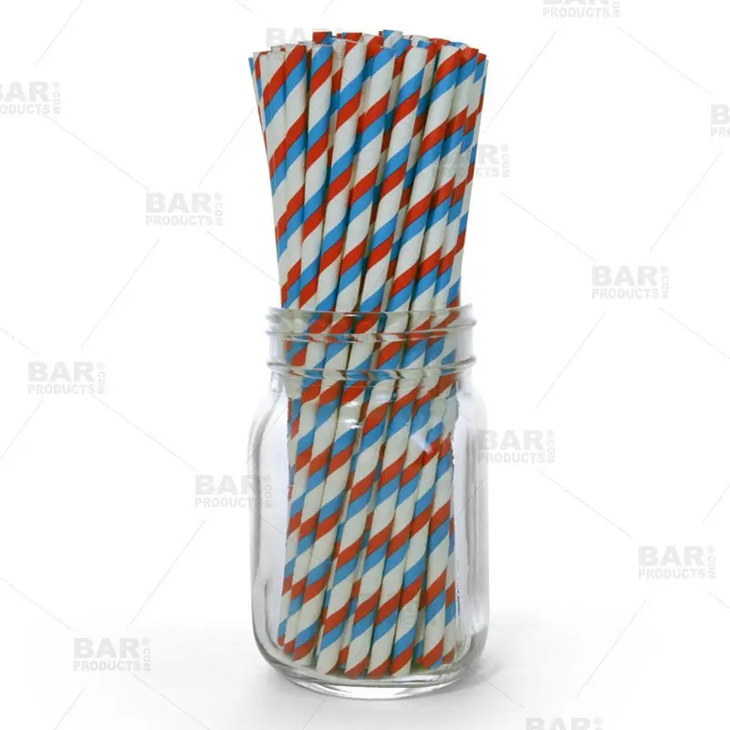 BarConic® Eco-Friendly Biodegradable Disposable Reusable Paper Straws - USA-Made Patriotic Design, 100-Pack Bar Utensils, 0.236" Diam, 8" Len, for Specialty Cocktails, Drinks, Holidays