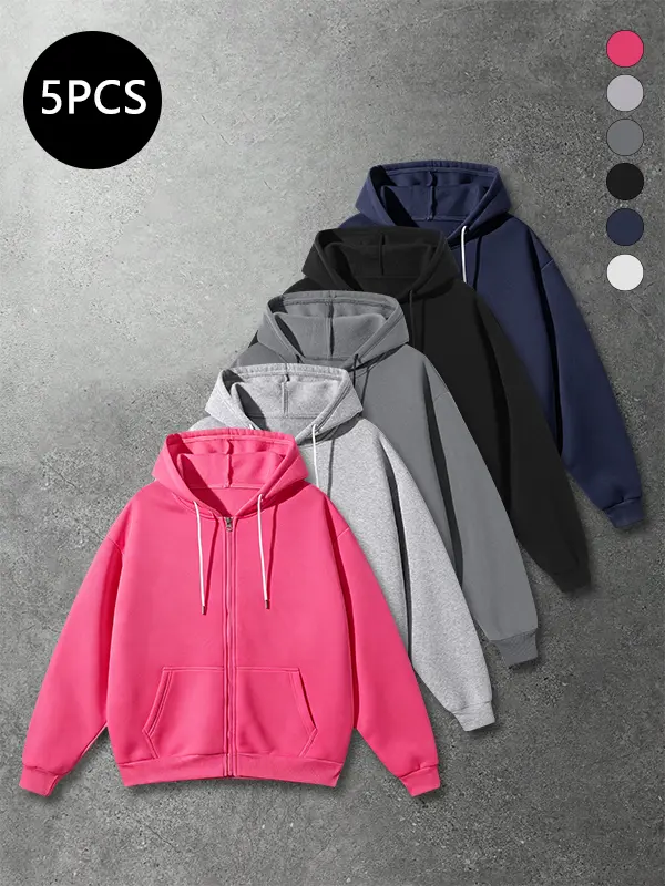 5-Pack Men’s Loose Sports Casual Jackets for Spring/Fall, American Style Solid Color Zip Hooded Cardigan Sweatshirt