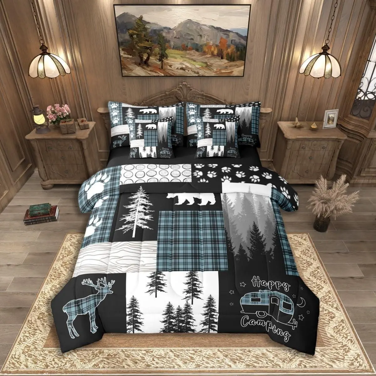 7Pc Rustic Cabin Lodge Comforter Set,Bear Deer Farmhouse Country Bedding Sets with Sheets,Blue and Black Buffalo Plaid Patchwork Quilt Camping Decor RV Bunk Camper Bed in a Bag