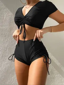 Two-Piece Set Women's Solid Ruched Drawstring Skinny Swimsuit Set, Casual V Neck Short Sleeve Tie Front Swim Top & High Waist Drawstring Side Swim Shorts, Ladies Summer Beach Holiday Vacation Swimwear, Tankini With Shorts