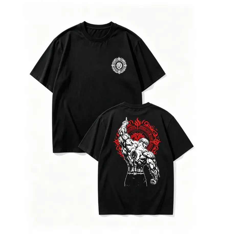 Women's Anime Theme T-Shirt Top - 7 Deadly Sins Escanor Lion Sin of Pride Graphic Print, Noon Power Gym Design, Oversized Ribbed Texture, Seamless Sleeve Soft Cotton Unisex Casual Apparel, Gift for Anime Fans