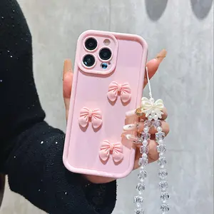 3D Bowknot Pattern Phone Case with Beaded Lanyard, Cute Phone Protective Cover, Phone Accessories Compatible with iPhone 11 12 13 14 15 Pro Max, Protector