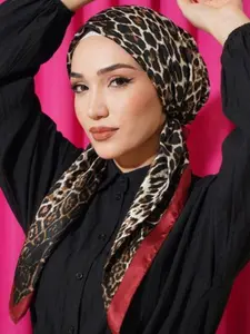 Women's Satin Silk Leopard Print Hijab Scarf, Ready-To-Wear Elegant Design, Breathable Beachwear & Sleep Cap, Muslim Fashion Accessory