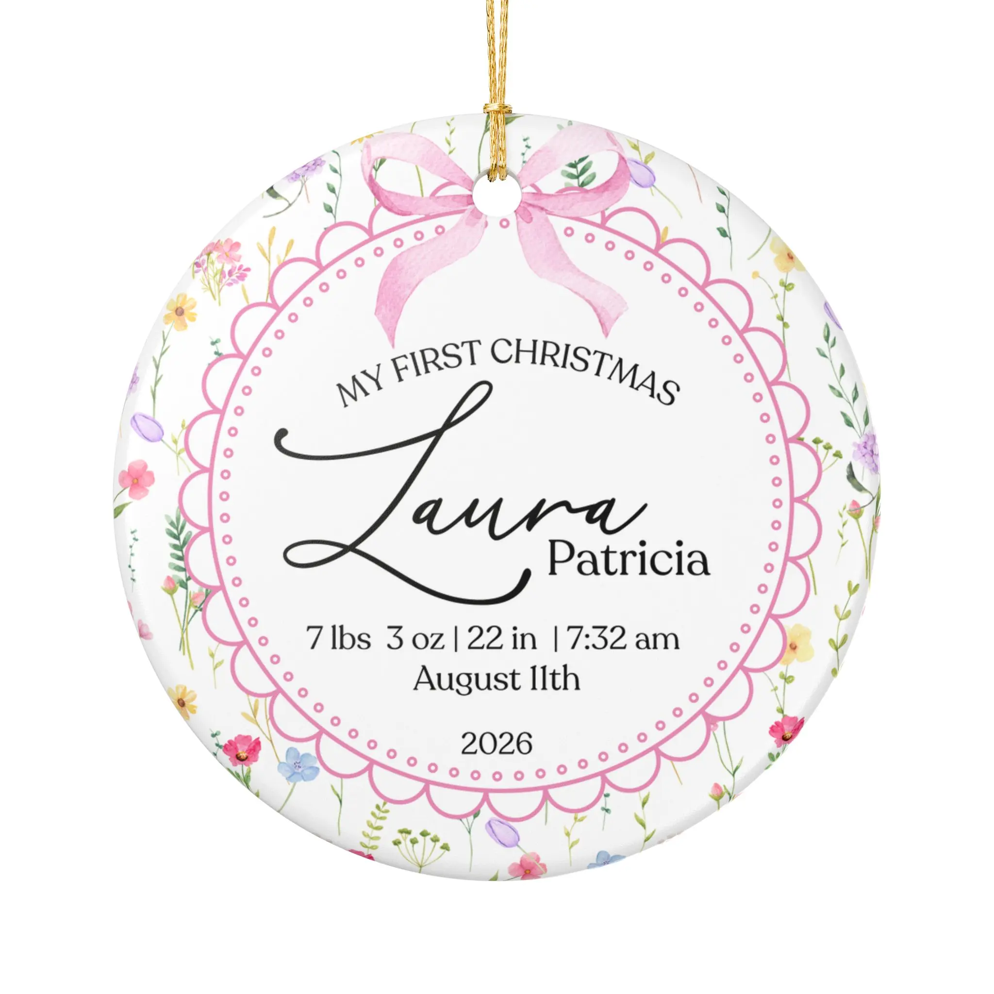 Personalized Ceramic Round Baby Ornament, 2-Sided Print Birth Stats Photo Keepsake, Festive Home Decor Boxed Gift