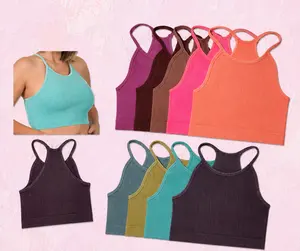 Zenana Curvy Mineral Washed Ribbed Cropped Racerback Tank Top Brami Bralette Cami Style# 6167 Comfy Soft Stretchy Womenswear Thin Strap