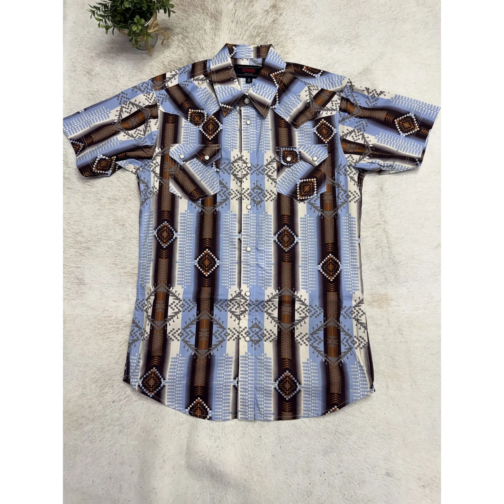 Men's S26 RR Short Sleeve Serape Stripe Snap Powder Blue by Rock and Roll Denim