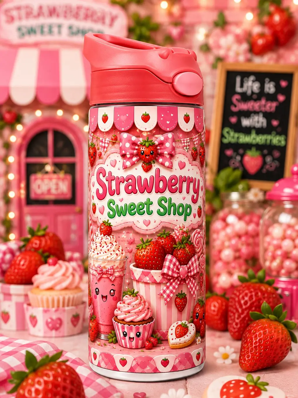 Strawberry Sweet Shop 12oz Kids Tumbler – Cute Strawberry Water Bottle for Girls life