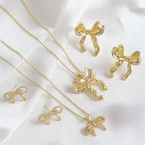 Zircon textured bow earrings necklace set for girls daily holiday gift jewelry
