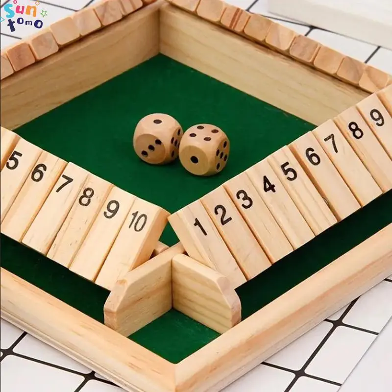 Wooden Shut The Box Dice Game, 2-4 Players Classic Board Game for Adult and Kids, Large 4 Sided Board, 8 Dice, Rules - Amusing Addition Game, Family Classroom Home or Bar