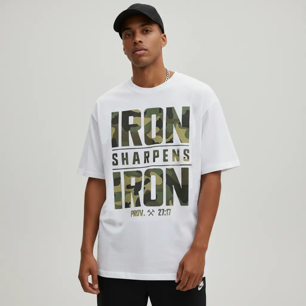 CMBT Men's Oversized 100% Cotton Crew Neck Short-Sleeve T-Shirt - Customized "IRON SHARPENS IRON" & Proverbs 27:17 Bible Verse, Geometric Camouflage Print, Casual Streetwear Summer Top, Breathable, Durable, Machine Washable