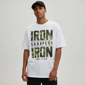 CMBT Men's Oversized 100% Cotton Graphic T-Shirt - "IRON SHARPENS IRON" & Proverbs 27:17 Bible Verse Design, Geometric Print Casual Streetwear Tee, Breathable Summer Top, Machine Washable, Summer Fashion | Camouflage Pattern | Durable Fabric