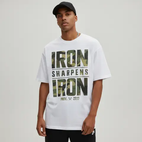 CMBT Men's 100% Cotton Oversized Round Neck Short-Sleeve Wash-and-Go Graphic Tee - Custom "IRON SHARPENS IRON", Proverbs 27:17 Bible Verse, Geometric Camouflage Print, Casual Streetwear Summer Top, Breathable, Durable, Machine Washable, Fitted Option, Was