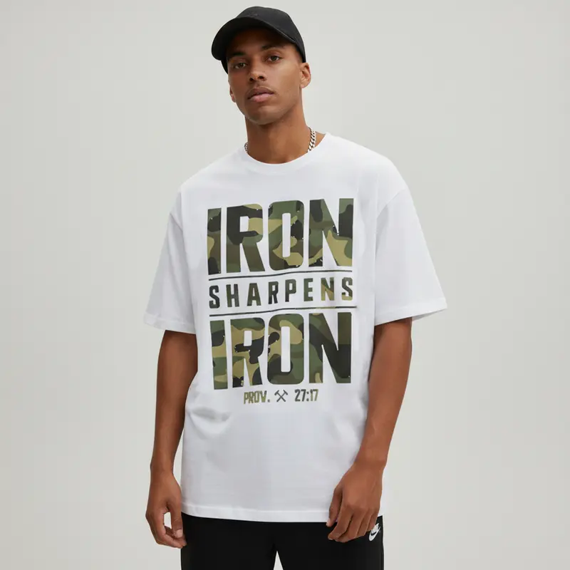 CMBT Men's 100% Cotton Oversized Round Neck Short-Sleeve Wash-and-Go Graphic Tee - Custom "IRON SHARPENS IRON", Proverbs 27:17 Bible Verse, Geometric Camouflage Print, Casual Streetwear Summer Top, Breathable, Durable, Machine Washable, Fitted Option, Was