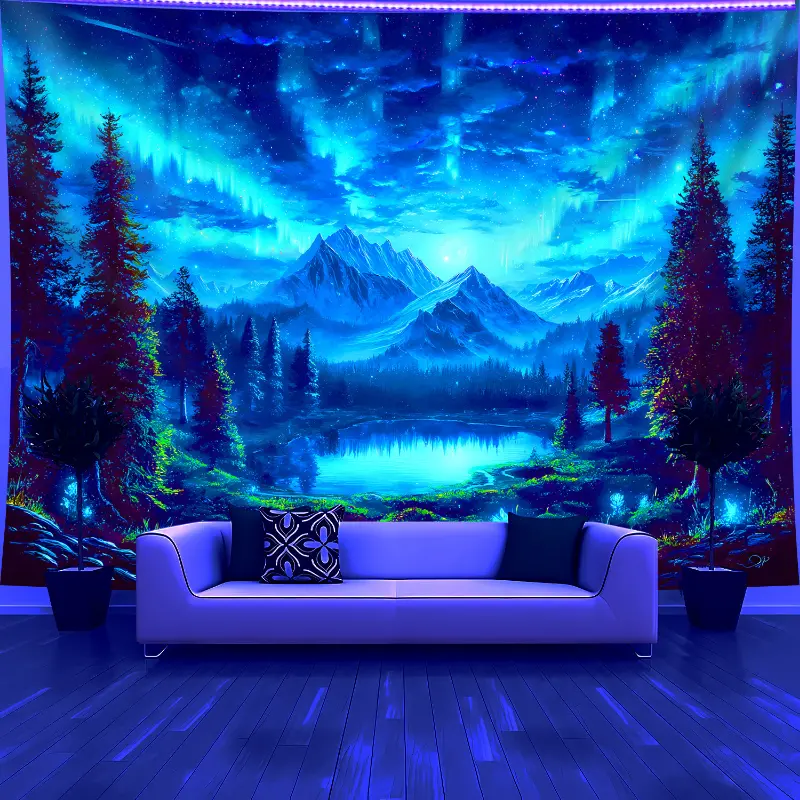 Large Glowing UV/Blacklight Reactive Tapestry - Fluorescent Deep Blue, Purple, Green, Black, Pink Mountains, Forest, Lake Print, Self-Lit No-Installation Home Decor for Bedroom, Outdoors, Home Supplies Tapestry
