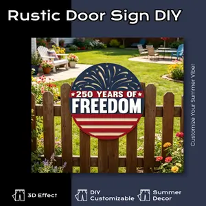 DIY Build & Paint Your Own 250 Years of Freedom Patriotic Sign | 10in Round Unfinished Wood Door Hanger, 4th of July & 250th Anniversary Front Porch Decor
