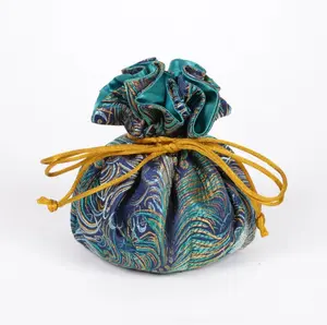 Brocade Jewelry Pouch - Peacock Blue Elegant Travel Storage with 8 Pockets & Secure Drawstring Closure for Organized Jewelry