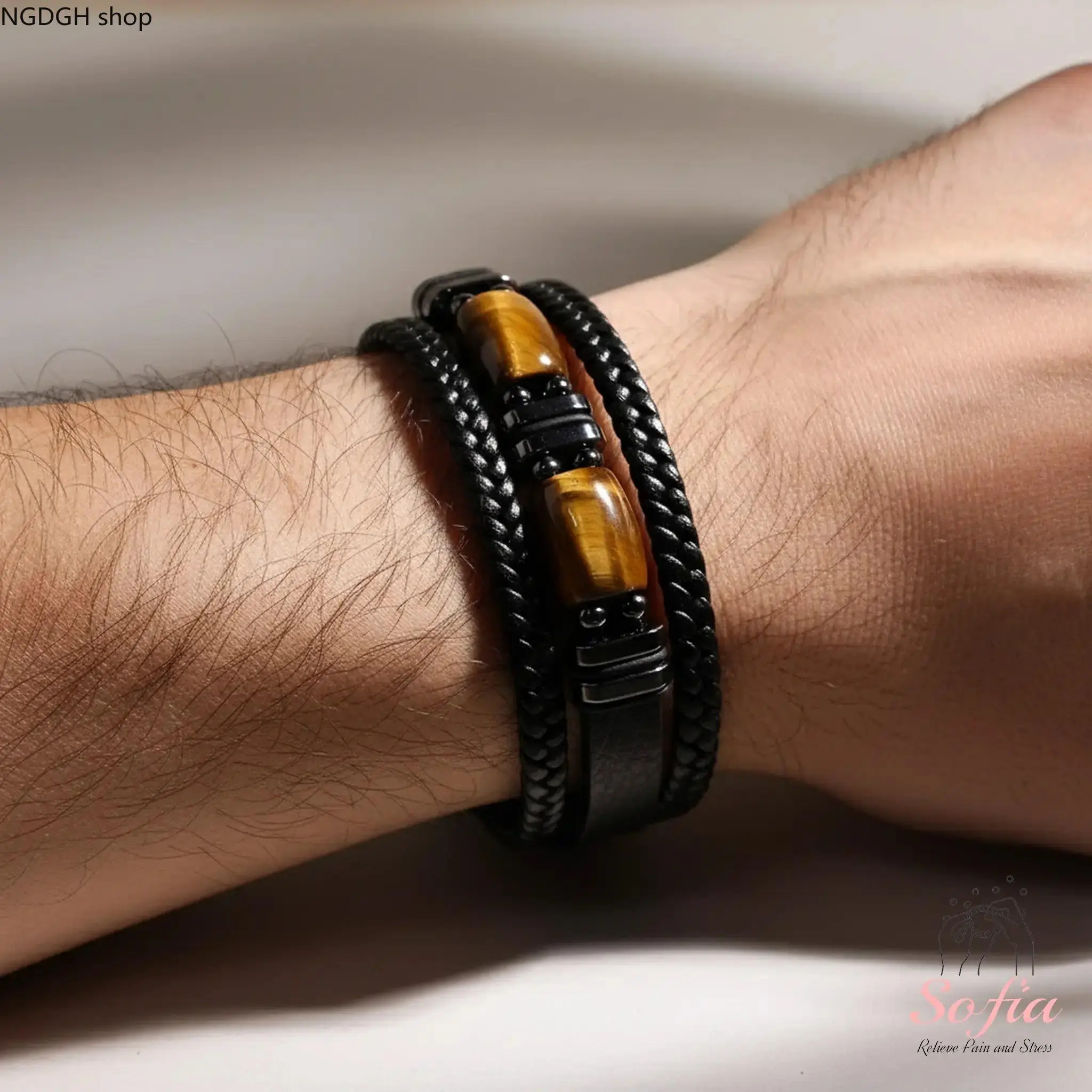 Men's Leather Wrap with Natural Tiger Eye Beads, Boho Style Black Braided Cuff for Confidence, Courage, and Daily Wear, Black Bracelet, Stone Bracelets