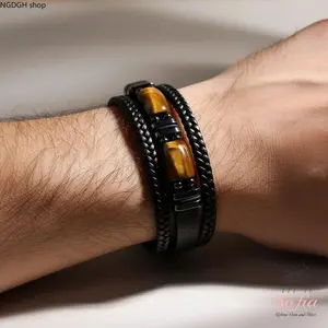 Sofia Men's Leather Braided Bracelet with Natural Tiger Eye Stone Multilayer Wristband Boho Style Magnetic Closure for Daily Use Gift for Father Son Boyfriend