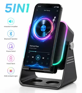 All-in-One Cell Phone Stand Bluetooth Induction Speaker, Color Changing RGB Ambient Lighting, 3500mAh Rechargeable Battery, Equipped with Personalized Wired Microphone, Portable Loud Speaker for Smartphones & Tablets - Black