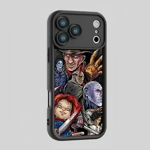 Cool Scary Horror Halloween Black Phone Case with Iconic Characters Chucky for iPhone 17 Pro Max Air 16 Plus 15 14 13 12 Shockproof TPU Cover Easy Installation Spooky Touch
