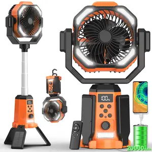 Table Fans Tripod, 20000mAh Rechargeable Battery Operated Portable Tent Fan with LED Lantern, Remote Control, Hook, 270° Pivot, Stepless Speed-Ideal for Camping, Picnic, Barbecue, Jobsite