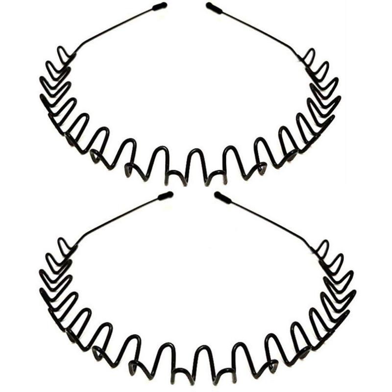 Metal Headbands, 2 Pack Fashion Unisex Black Hairband Spring Wave Non Slip Sports Headwear Hair Hoop Hair Accessories (2 Pack)