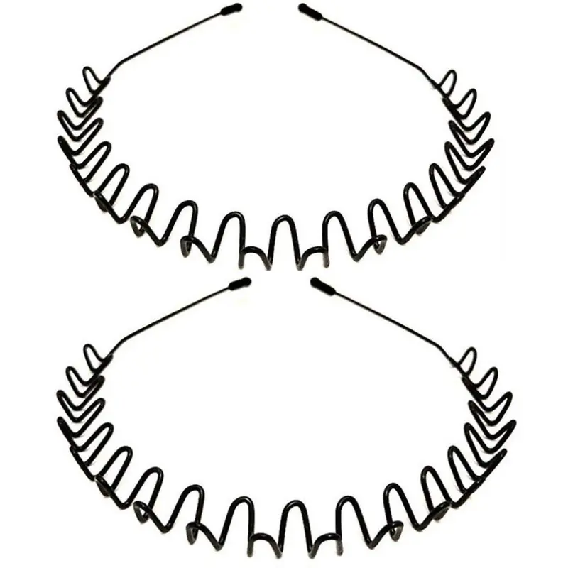 Metal Headbands, 2 Pack Fashion Unisex Black Hairband Spring Wave Non Slip Sports Headwear Hair Hoop Hair Accessories (2 Pack)