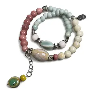Pastel Color Kiln-Changed Ceramic Double Strand Bracelet | Handmade Boho Beaded Bracelet