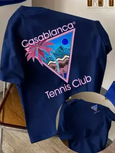 Unisex Round Neck Graphic Print T-Shirt, Blue Color Block Triangle Frame Coconut Tree Night Scene, Sweet Cool Fitted Retro Style