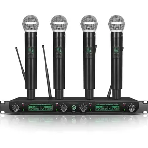 Microphone System, 4- UHF Professional Mic, Automatically Pair Metal Cordless Mic with 4 Metal Handheld Microphones, 400ft Range, for Singing, Karaoke, Party