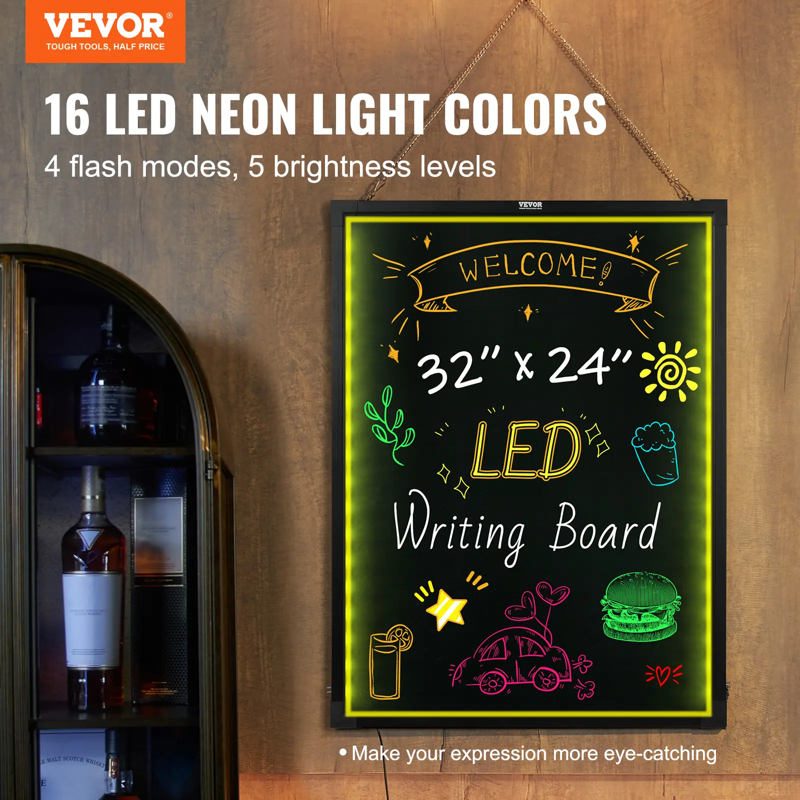 【summerfinds】VEVOR LED Message Writing Board, 32"x24" Illuminated Erasable Lighted Chalkboard, Neon Effect Menu Sign Board, Drawing Board with 8 Fluorescent Chalk Markers and Remote Contro Tested toStandards