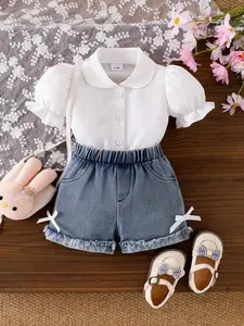 Baby Girl Sweet Style 2-Piece Set Outfit, Baby Clothing, Pure Front Button Floral Lantern Short Sleeve Shirt and Bow Decor Jean Shorts, Casual
