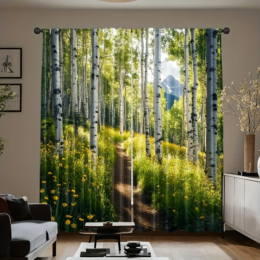2-Piece set, birch forest trail scenic curtains, Window drapes, rod design, suitable for natural scene window decoration in living rooms, bedrooms, offices, easy care home decoration, suitable for Christmas decoration, Home Textile